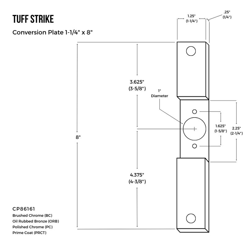 TUFF STRIKE Mortise Cut-Out Conversion Plate 8" x 1-1/4" | Mortise 86 Prep to Cylindrical 161 Prep | TUFF STRIKE | Polished Chrome - Image 5